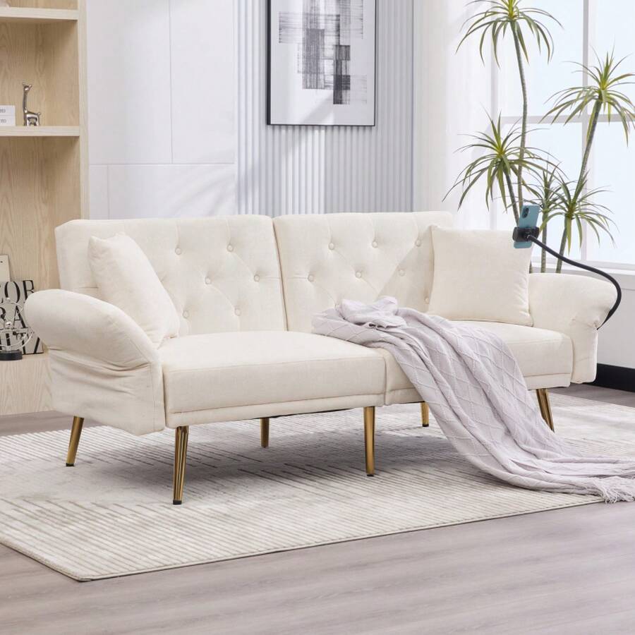 Multifunktionales Sofa-Bett für zwei Personen mit verstellbarer Rückenlehne, zwei USB-Anschlüsse, Handyhalter, Seitentasche, Metallbeinen – ein modernes Klappsofa als Sitzmöbel oder Gästebett.