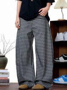 Black Plaid Baggy Casual Pants For Men, Retro American Style, Loose Fit, Versatile, Ankle Length