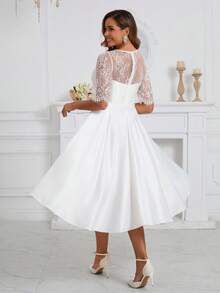 Women's Bridal Gift Party Dress, Elegant And Romantic Lace V-Neck Short Sleeved Satin Sexy Medium Length Evening Gown