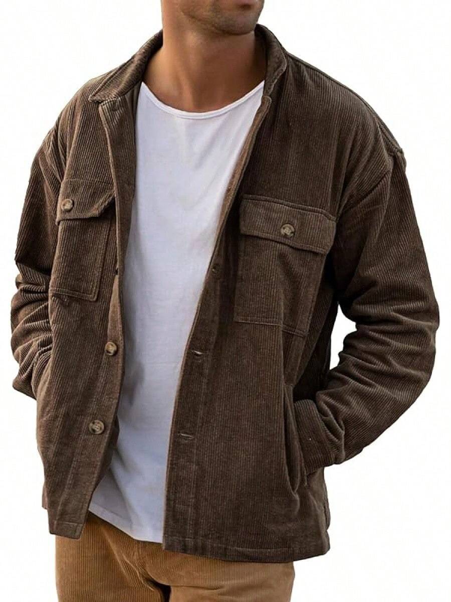 Men's Corduroy Shacket With 4 Pockets (Chest & Side Slant) Button Down Work Jackets Casual Long Sleeve Shirt Jackethalloween - 咖啡-1 - 查看 1