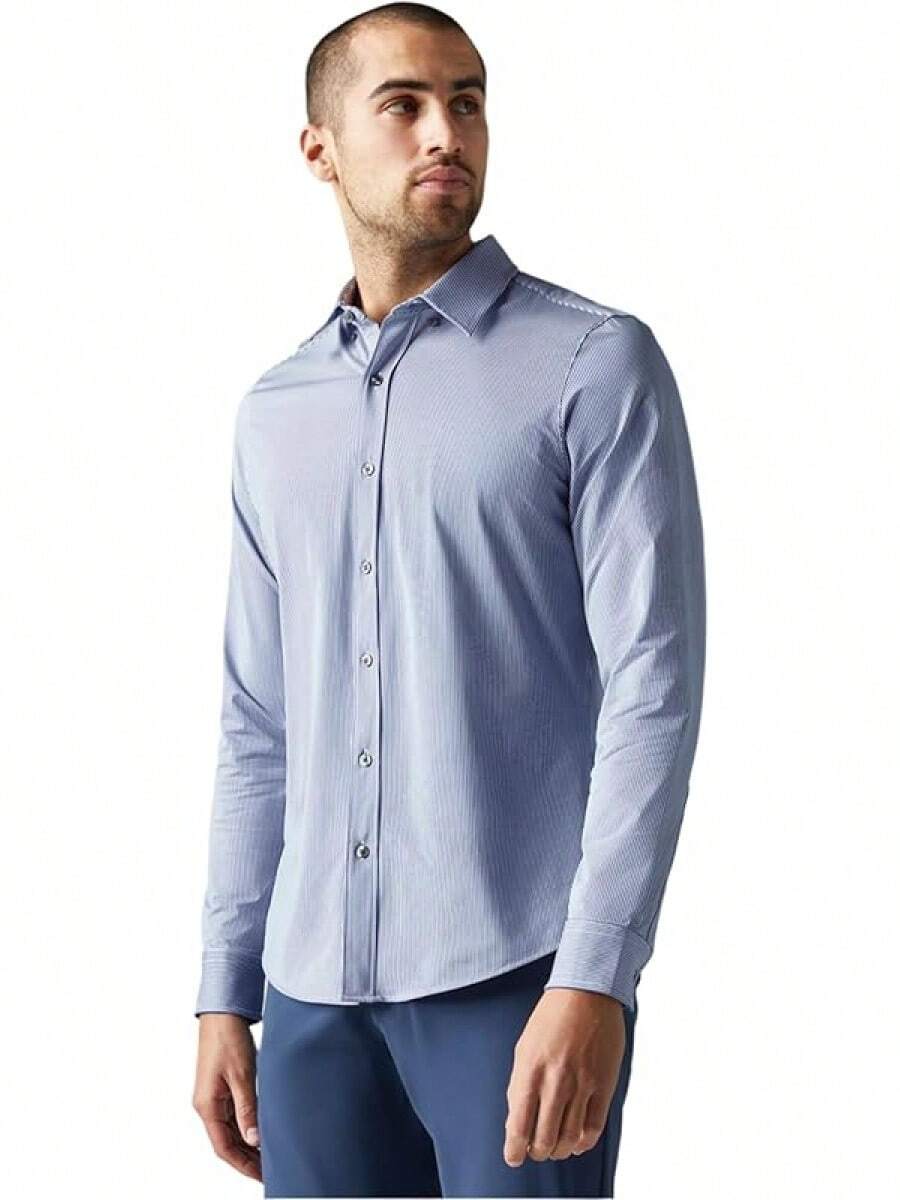 Men's Commuter Shirt, Performance Dress Shirts For Men, Machine Washable, Wrinkle Resistant, Slim Fit Button Down Shirthalloween - Blazer Blue Stripe - View 1