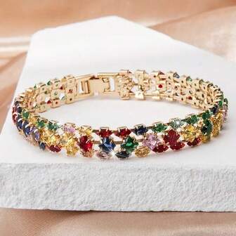 A Luxurious Sparkling Cubic Zirconia Colored Bracelet, 18k Gold-Plated Non Fading Accessory, Suitable For Wearing At Campus Parties, Dances, Weddings