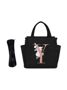 Geantă de prânz izolată personalizată cu identificare a primei litere - Geantă Bento caldă din pânză, închidere cu fermoar, căptușeală din folie de aluminiu de mare capacitate, potrivită pentru designul primei litere la serviciu și la școală, școli și activități în aer liber - Ușor de curățat, design compact, impermeabil, cutie de prânz, geantă de prânz pentru femei, geantă de picnic pentru profesori, geantă frigorifică pentru camping, geantă frigorifică pentru sală de clasă, geantă de picnic pentru femei, geantă de damă pentru școală, accesorii școlare, articole școlare