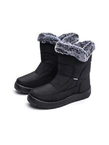 Botas curtas femininas, pretas lisas, estilo esportivo unissex, casual para uso urbano, zíper lateral, acabamento felpudo, forro térmico, quentes, adequadas para uso casual, festa, escritório, atividades ao ar livre, férias, outono/inverno, à prova d'água