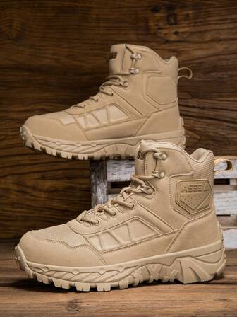 Plus Size A533 New Outdoor Field Training Military Boots, Work Boots, Casual Shoes, High-Top Boots, Hiking Boots, Trekking Shoes, Tan, Black, Lace-Up, Metal Eyelets, Men's Outdoor Sports Climbing Boots