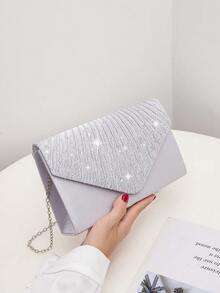 4pcs Set: Women's Rhinestone Evening Clutch, Rhinestone Clip-On Earrings, Bridal Wedding Necklace & Bracelet, Shiny Sequin Tassel Clutch, Envelope Style Evening Bag, Women's Shiny Rhinestone Shoulder Bag With Detachable Chain, Suitable For Weddings And Parties - Silver - View 4