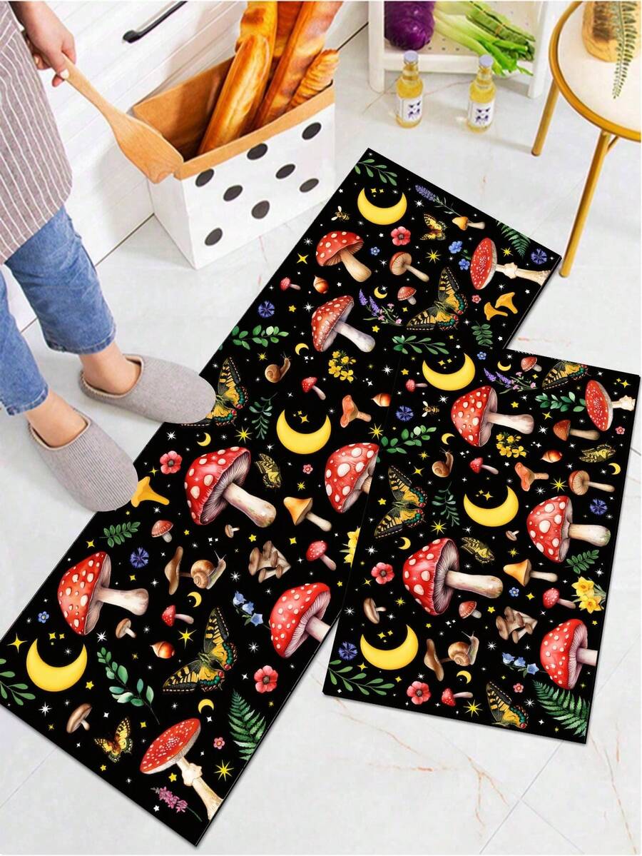 1/2pcs Mushroom Forest World Style Farmhouse Floor Mat, With Strong Water Absorption And Easy Cleaning, Is Suitable For Home Decoration, Farmhouse, Porch, Interior, Room Decoration, Kitchen, Dining Room, Small Office/Home Office, Sink, Laundry Room, Floor Mat, Kitchen Mat And Non-Slip Mat.