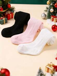 3 Pairs Baby KIds Children Black/White/Pink Tights Cable Knit Stockings Pantyhose For Toddler Girls, Baby Essentials Long Socks Leg Warmers Leggings, Soft Warm For Daily & Autumn Winter Wear, Halloween Christmas Xmas Gift