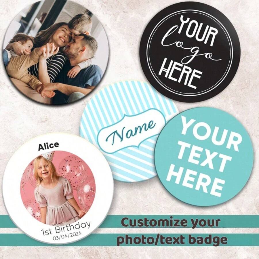 Customized Photo Or Text Badge/Button Badge, Create Your Own Design Pin Badge, Personalized Badge, Personalized Metal Badge, Suitable For Weddings, Parties, Gifts, Christmas Gifts - Multicolor - View 1