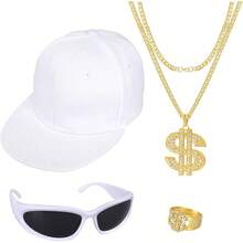 4Pcs Hip Hop Costume Set 80s 90s Rapper Hat Chain Ring Men Women Halloween Party Outfit Multi Color Comfortable Stylish