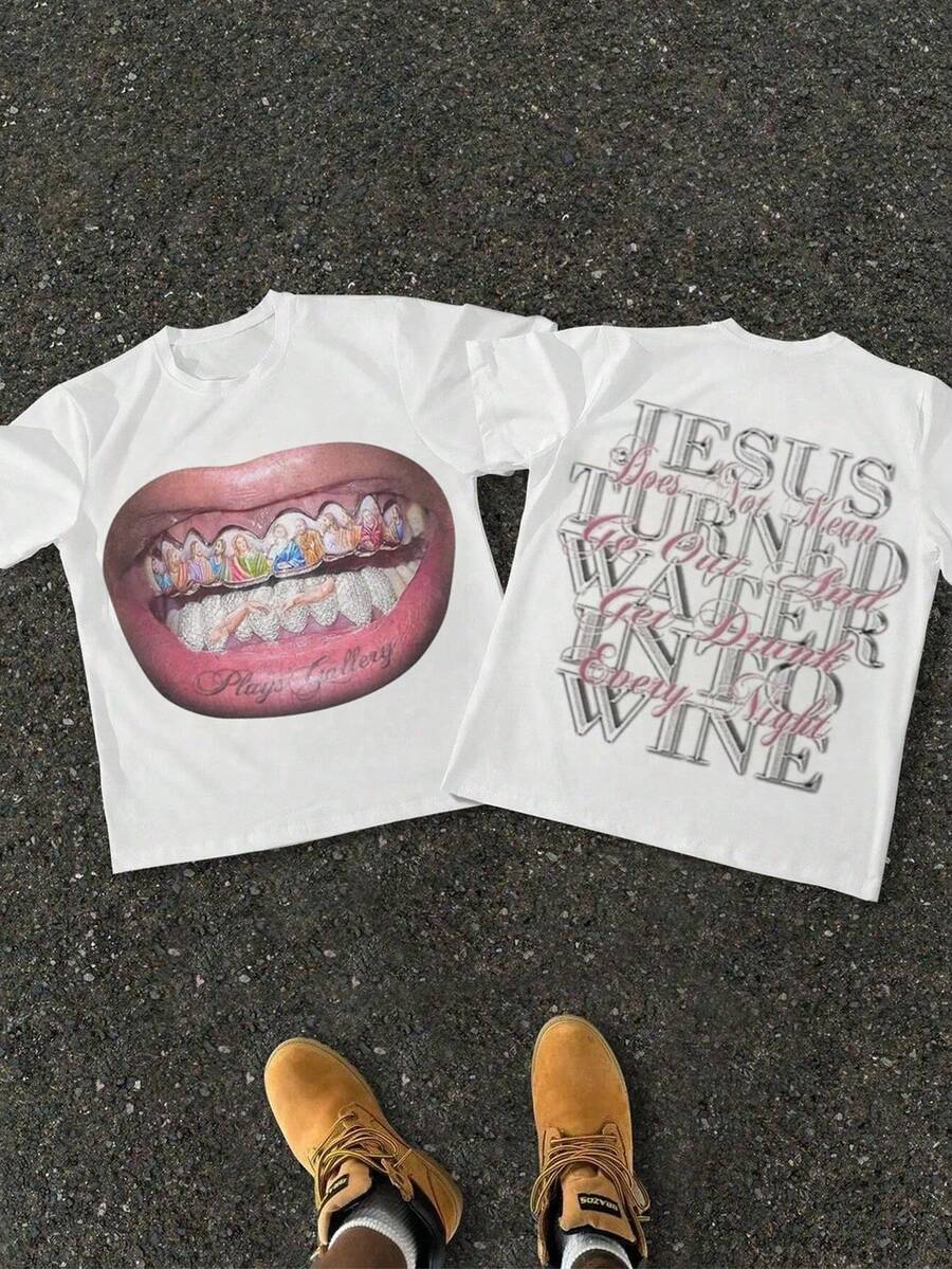 Lip Cross(Cotton T-Shirt) Men's Round Neck Short-Sleeved Cotton Casual T-Shirt, Loose Style, Versatile, Unisex, Suitable For Holiday Trave - 白色 - 查看 1