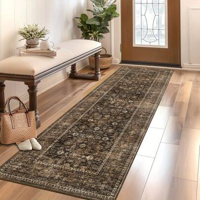 1pc Vintage Floral Area Rug, Indoor Carpet For Home Room Decor Living Room Bedroom Kitchen Hallway, Deep Brown