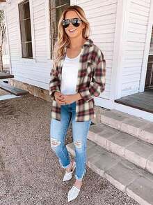 Fisoew Womens Casual Plaid Flannel Shirt Long Sleeve Button-Front Collared Christmas Gift & New Year Gift - 紅白色 - 查看 3