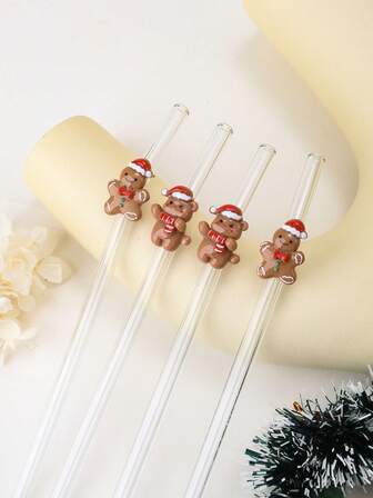 1/2/3/5 st. julsugrör i glas, tecknad pepparkaksgubbe/björn med hatt, söt dekoration, återanvändbara böjda sugrör i glas med rengöringsborste, lämpliga för milkshake, bubbelte, juice, cocktail, kalla drycker, kaffe, fest, camping, resor, sommar, semester, kök, bröllop, campus, idealisk present till flickvän, pojkvän, föräldrar, vänner, familjesammankomst, lämplig för kök och utomhusbruk