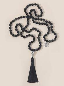 波西米亚风格流苏吊坠长项链 8 毫米黑色电气石念珠项链 108 颗 Japamala 珠冥想念珠祈祷珠宝礼物 适合女性和男性