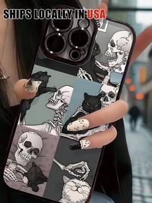 Skeleton And Cat Pattern Phone Case For IPhone 17\17Air\17ProMax\17Pro\16\16Plus\16Pro\16ProMax\16E\15\14\13\12\11ProMax\Plus\Pro& S25\S24\S23Ultra\S22 Plus\Ultra\ A54 – Shockproof Slim Clear TPU Cover With Camera Protection – Aesthetic Gift For Women Men Teens Holiday - 黑色 - 查看 4
