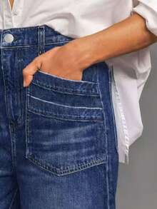 Calça jeans feminina petite elástica, calça folgada e moderna de pernas largas, calça jeans casual de perna reta. - Lavagem escura - Ver 4