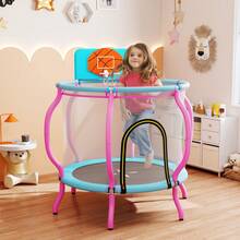 48'' Kids Trampoline Indoor & Outdoor Pumpkin Trampoline W/Basketball Hoop - Pink - View 1