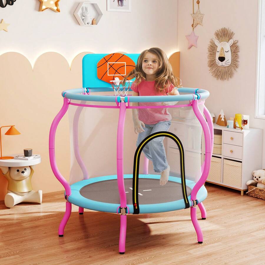 48'' Kids Trampoline Indoor & Outdoor Pumpkin Trampoline W/Basketball Hoop - Pink - View 1