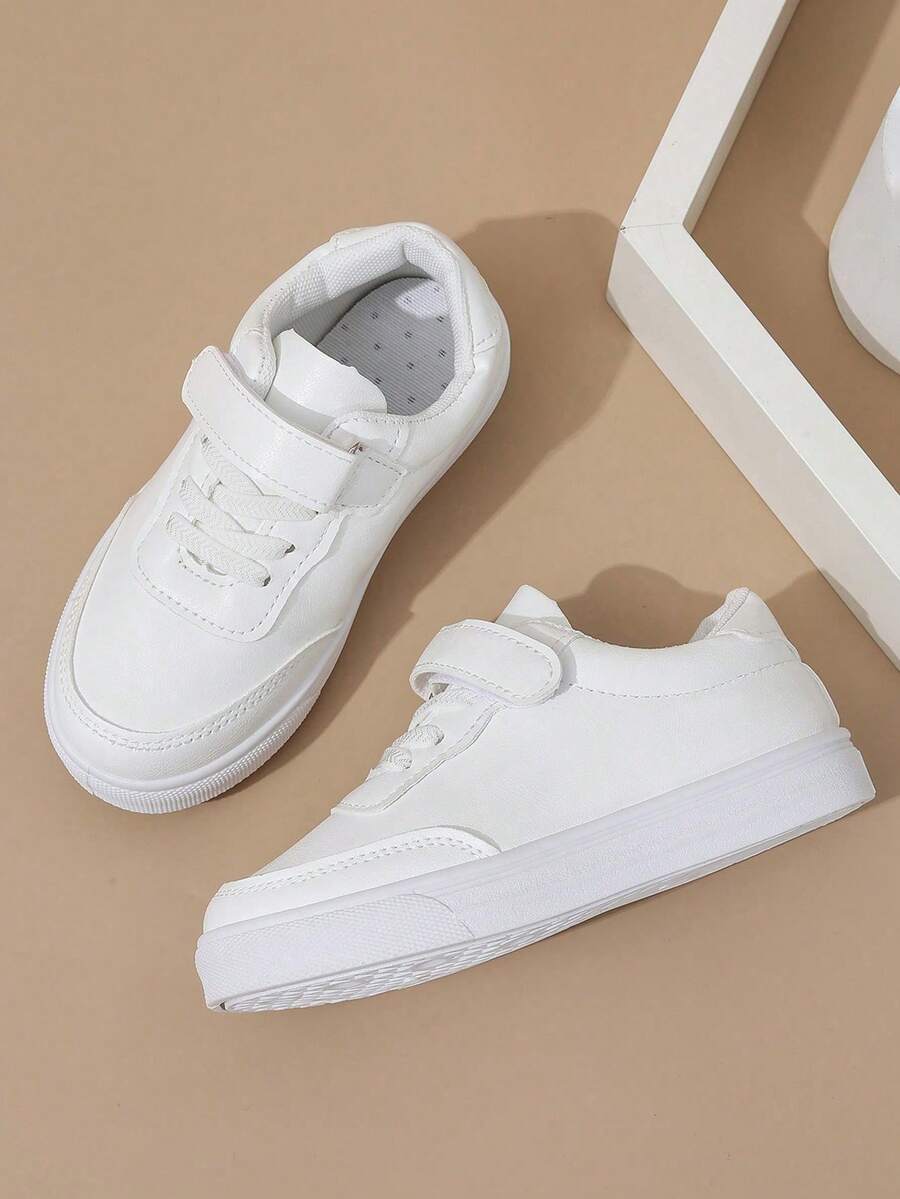 1 par de nuevos tenis blancos de moda 2025 para niños, suela suave, superficie suave, parte superior de cuero antideslizante, zapatos casuales para niños y niñas, transpirables, adecuados para jardín de infantes, estudiantes de primaria, tenis blancos duraderos y antideslizantes - Blanco - Ver 1