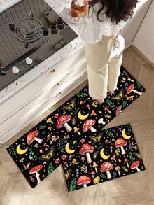 1/2pcs Mushroom Forest World Style Farmhouse Floor Mat, With Strong Water Absorption And Easy Cleaning, Is Suitable For Home Decoration, Farmhouse, Porch, Interior, Room Decoration, Kitchen, Dining Room, Small Office/Home Office, Sink, Laundry Room, Floor Mat, Kitchen Mat And Non-Slip Mat.
