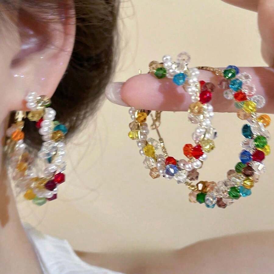 1 Pair Exquisite Crystal Inlaid Pearl Earrings With Premium Wrapped Setting Western Style Luxury Design Sparkling Colorful Gems Hypoallergenic Materials Comfortable For Daily Wear Perfect For Romantic Dinners Party Events Formal Engagements And Special Gatherings Ideal Gift For Valentine's Day Anniversaries And Celebrations