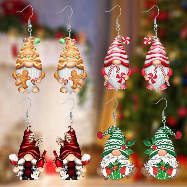 2PCS/8pcs/Set Cartoon Christmas Gnome Earrings, Acrylic Lady Fashion Pendant Dangle With Elf Print Designs, Holiday Jewelry Set For Her - Unique Party Accessories Suitable As Perfect Festive Present On Xmas, Halloween, Valentine's Day, Easter & Thanksgiving, For Teenager, Seasonal Gifts, Celebration Earrings, Whimsical Design, Lightweight Earrings, Gnomethemed Jewelry