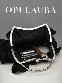 OpulAura 女士优雅迷人花瓣宴会手拿包，荷叶边设计正式晚宴包，适合婚礼/度假/正式派对/晚会，配有链条肩带，花瓣形状随机 - 黑色 - 查看 5