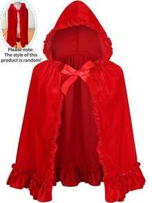 Red & Burgundy Halloween Velvet Cloak, Short Ruched Lace Trim Hooded Cape