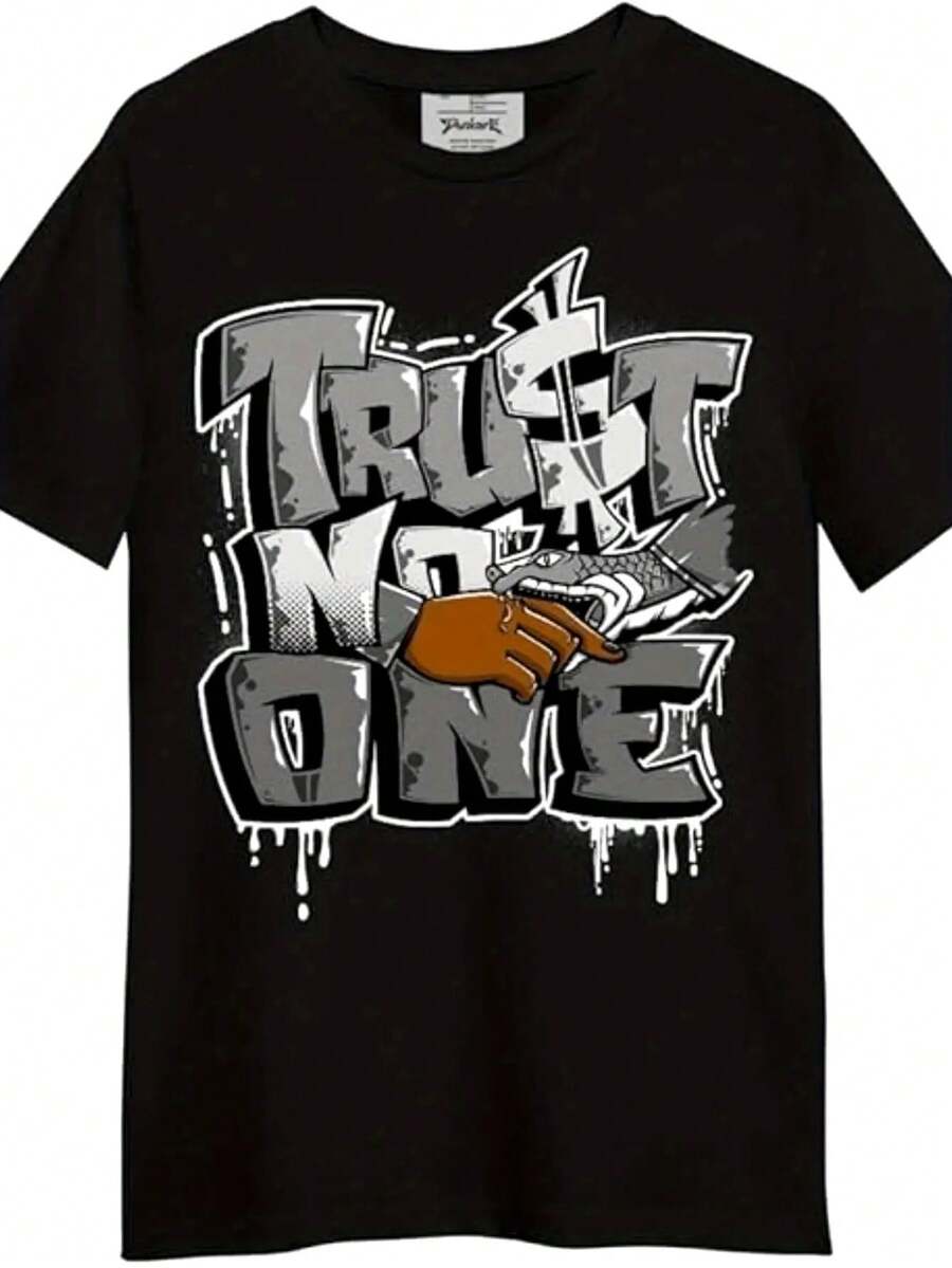 Camiseta de algodón con cuello redondo y gráfico "Trust No One" - Unisex, para todas las estaciones, lavable a máquina, negra con impresión blanca y gris, ajuste regular, ropa casual para hombres y mujeres - Negro - Ver 1