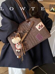 low tea 1 件纯色绒面革女士单肩包，复古时尚休闲单肩包，双手柄和拉链开合，适合日常外出、约会、通勤，配有吊坠 - 咖啡 - 查看 7