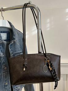 1 件咖啡棕色绗缝拉链开合 PU 纯色保龄球包，秋冬季，大容量手提包，新款时尚毛毡纹理单肩包，复古风格马鞍腋下通勤笔记本电脑包带绳装饰，适合女性日常使用