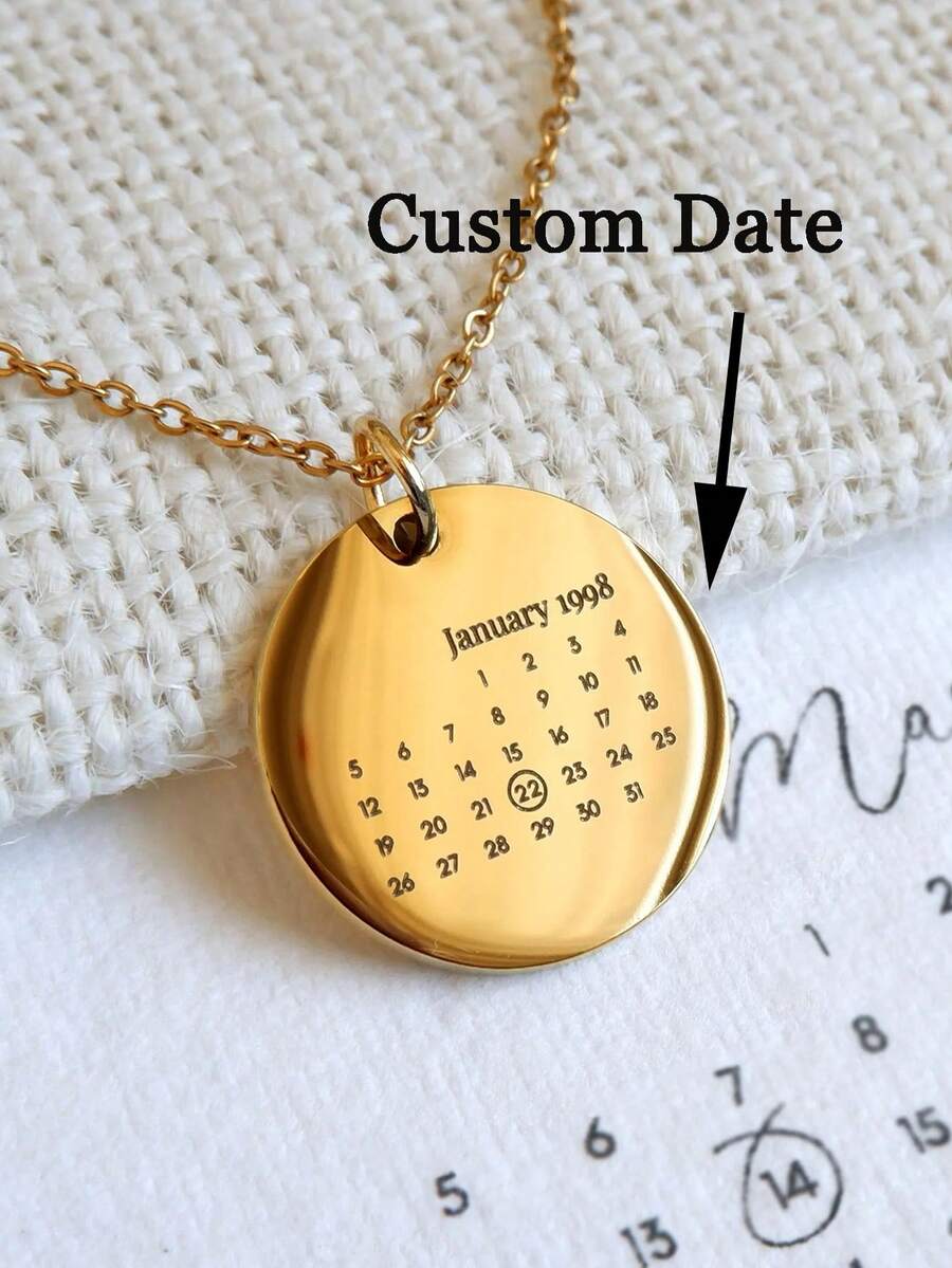 1pc Personalized Calendar Necklace, Customized Lettering Date Pendant, Personalized (Day, Month, Year) Birthday, Anniversary, Valentine's Day, Christmas Gifts For Women, Wives, Moms, Sisters - Elegant Daily And Special Occasion Jewelry - Multicolor - View 1