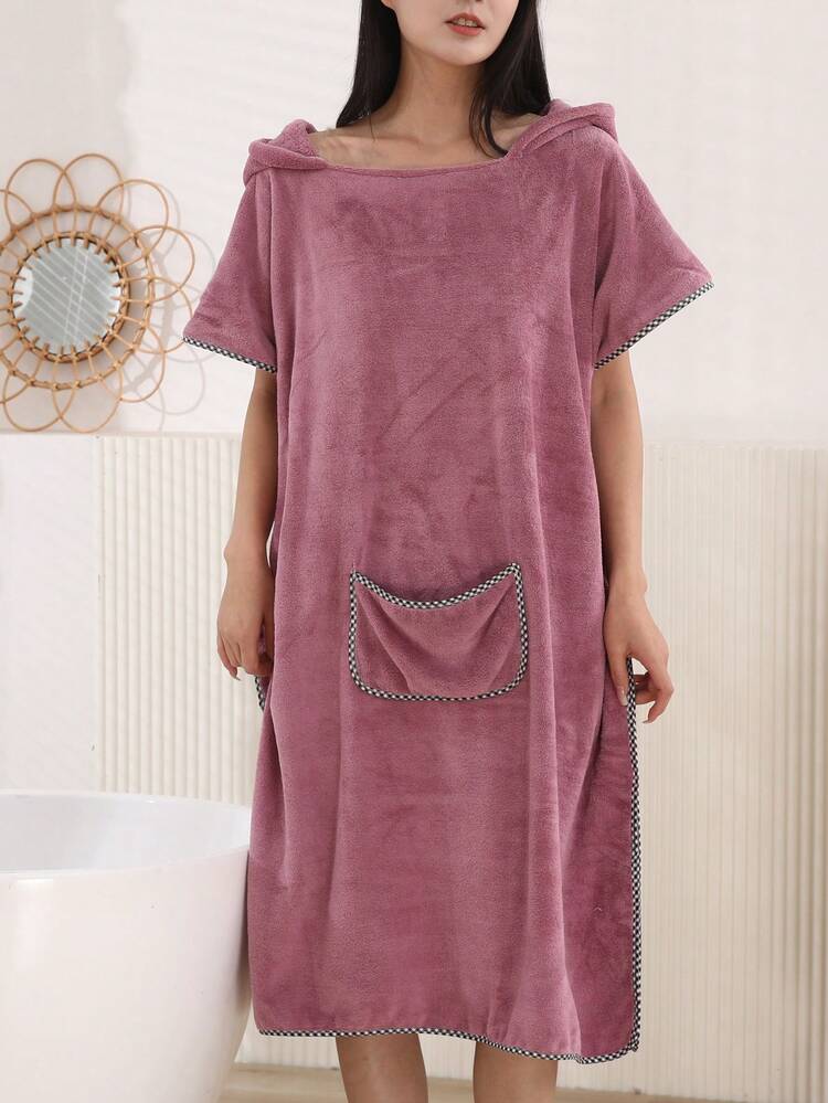 1pc Women's Soft Absorbent Hooded Sleeveless Loose Thick Bath Robe, Suitable For Wearing, Poncho For Surfing, Quick-Dry Changing Robe, Hooded Towel Cloak, Outdoor Beach Surfing Swimming Changing Gown - Lilac Purple - View 3