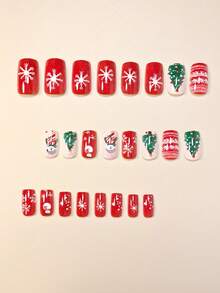 Elevate Your Style With 24pcs Press On Nails Medium Square Cute Christmas Tree Cute North Star Cane Candy Snowflake Full Coverage Fake Nails For Women And Girls Includes 1sheet Adhesive Tabs & 1pc Mini Files Suitable For Christmas Party Date And Office Daily Wear False Nails Jelly Glue Is Randomly Shipped