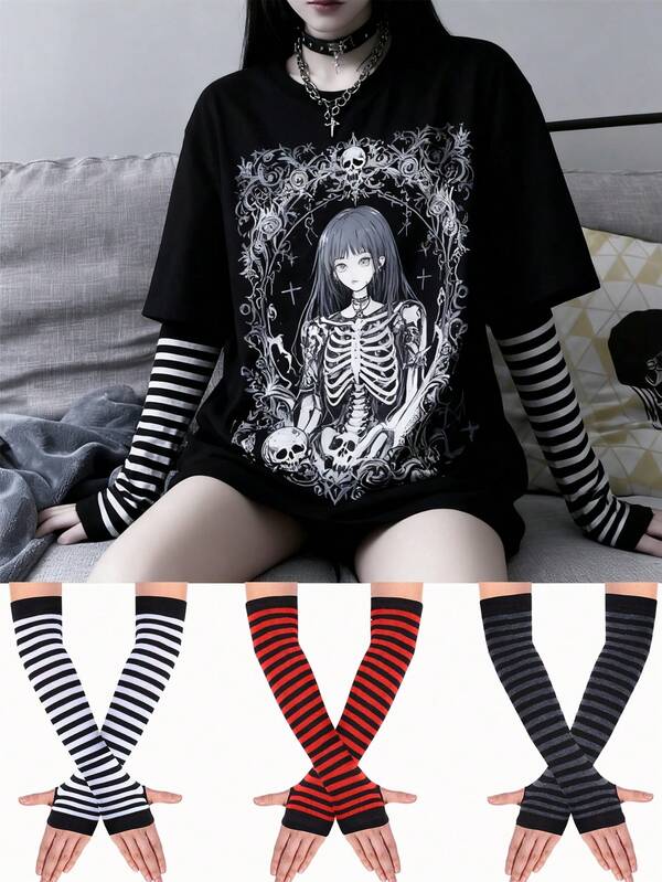 Gothic Striped Arm Warmers, Long Fingerless Gloves For Punk Emo Cosplay, Fall / Winter