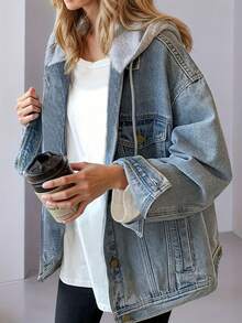 Women's Hooded Denim Jacket, Oversized Retro Denim Jacket, Elastic And Loose, Comfortable And Lightweight - L - View 7