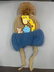 儿童羊毛覆盖婴儿厚毛线帽，保暖。冬季针织婴儿帽，帽子上有卡通刺绣 - 彩色 - 查看 9