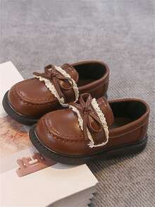 1 Pair Brown Bow Cute Fashionable Pearl Design Faux Leather + Massage Pad Bottom Soft Non-Slip Flat Baby/Toddler Shoes, Suitable For Spring, Summer, Autumn And Winter - Brown - View 6