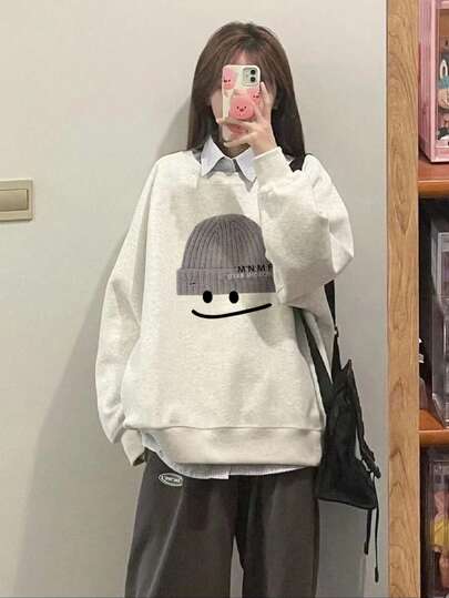 女式休闲宽松笑脸卡通印花圆领运动衫，百搭秋冬
