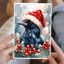 Aquarell Feiertags-Rabe Karte, Weihnachts-Rabe Grußkarte, festliche Wintervogel Kunst, handgemachte Feiertags Karte, Aquarell Grußkarte - 11cm/4,33"x16cm/6,29", Weihnachtskarten mit Umschlägen, Grußkarten, Grußkarten mit Umschlägen, Pop-up Karten, Pop-up Weihnachtskarten
