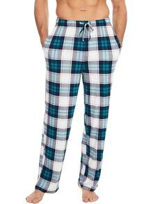 Mens Pajama Pants - Viscose Made From Bamboo, Soft Sleep Pants Comfy Drawstring Lounge Bottom With Pockets Sweatpantshalloween - White & Green Plaid - View 3