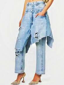 Magic Mia Women's Deconstructed 2 In 1 Jeans - Low Rise Vintage Wash  & Asymmetric Distressed Rips | Edgy Streetwear Denim Pants For Concerts & Night Out & Party & Casual - 藍色 - 查看 5