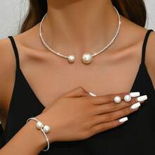 Minimalist Clavicle Chain Necklace, Earrings, Bracelet Jewelry Set For Women, Fully Paved With Pearls Open Choker