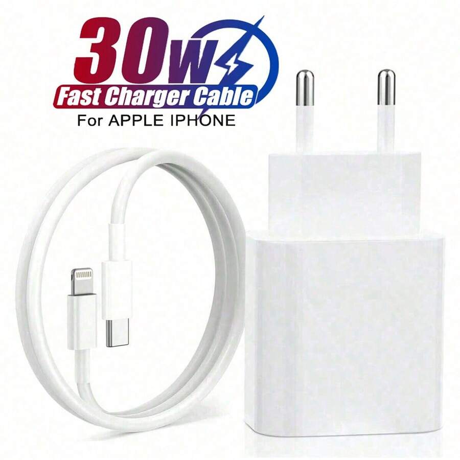 30W EU Fast Charging Wall Charger Adapter & 3.3Ft/100cm Type C To Lightning Fast Charging Cable, High-Efficiency Data Transfer Line Compatible With IPhone 14/13/12/11/XR/XS/XS Max - EU C Type Plug(220-240V) - View 1