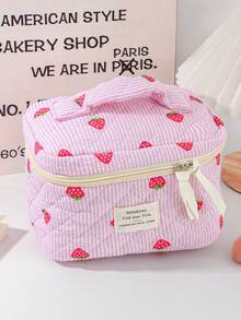 Strawberry Pattern Cosmetic Bag Large Capacity Make Up Bag Fashionable Strawberry Striped Makeup Bag Cute Quilted Floral Cosmetic Pouch Toiletry Bag - Multicolor - View 14