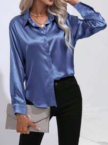 Women's Casual Solid Color Long Sleeve Faux Satin Polyester Shirt With Lapel Button Design - Blue - View 8