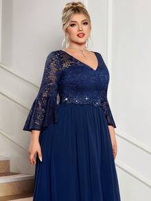 Đầm maxi dự tiệc trang trọng, cổ chữ V, tay bồng, ren hoa và đính sequin ở eo, chất liệu chiffon tương phản, thanh lịch cho dạ hội, đám cưới, sinh nhật, lễ tốt nghiệp, kỳ nghỉ xuân. - Màu xanh hải quân - Xem 9