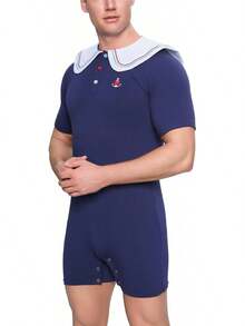 Men's Cotton  Sailor Collar Bodysuit Short Sleeve Print Romper Pajama - Captainhalloween - 藏蓝色 - 查看 9