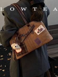 low tea 1 件纯色绒面革女士单肩包，复古时尚休闲单肩包，双手柄和拉链开合，适合日常外出、约会、通勤，配有吊坠 - 棕色 - 查看 6